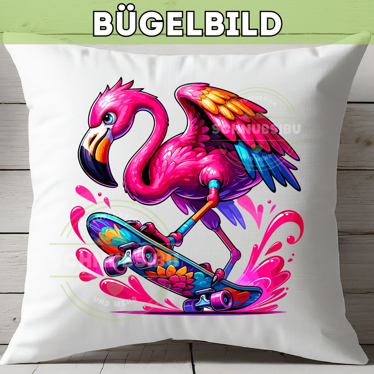 Bügelbild Flamingo auf Skateboard